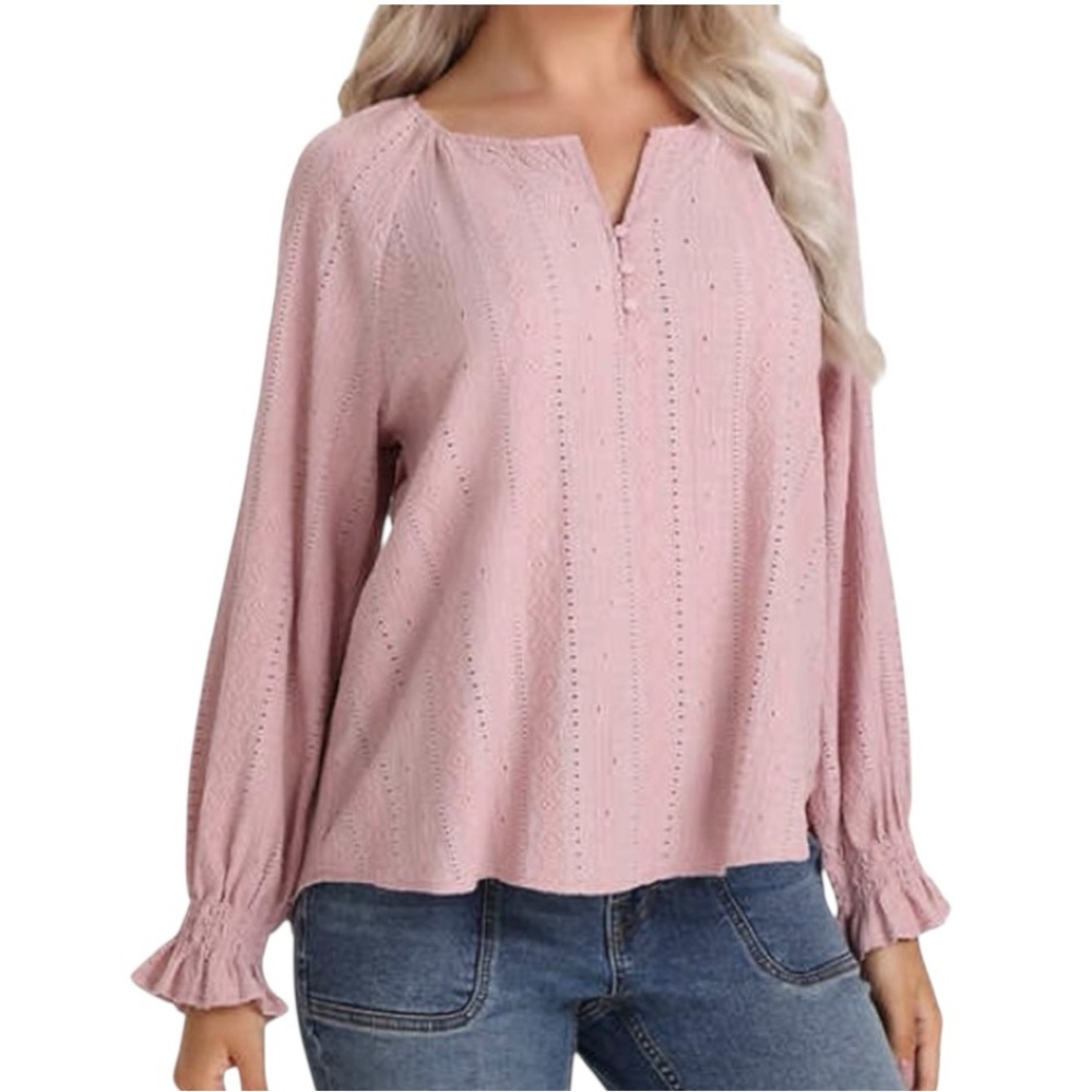 Frye Soft Pink Boho Textured Blouse | Button Split Neck | Size L